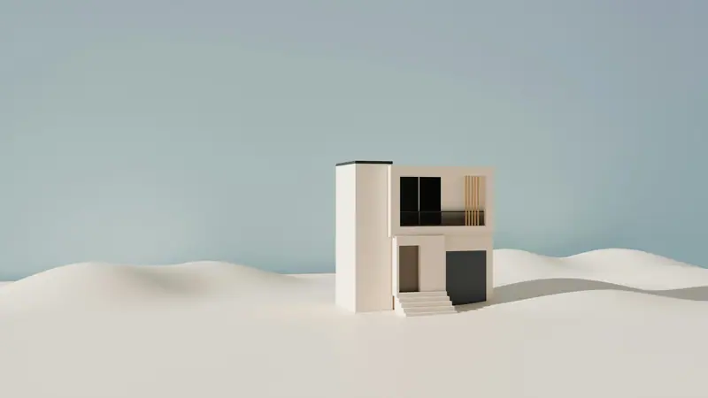 Volume blanc minimal posé sur une dune claire